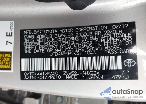 2019 Toyota Prius Prime Plus из США, поврежденный, VIN JTDKARFP1K3111043